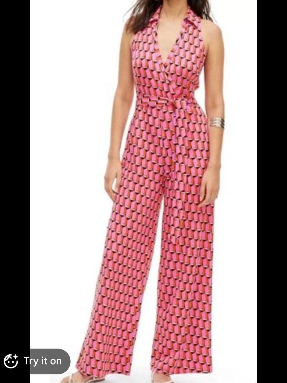 Diane Von Furstenberg Pink Geometric Halter Wrap Jumpsuit